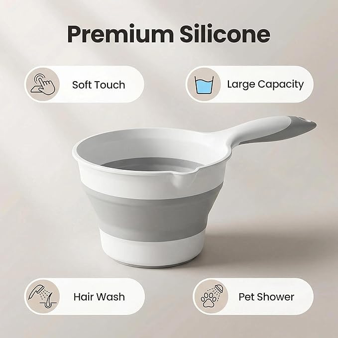 Premium Silicone Bath Rinse Cup & Water Pourer - Large Capacity Gray and White Bath Cup for Rinsing Hair, Shower Hair Washing Mug, Pet Bathing, and Travel