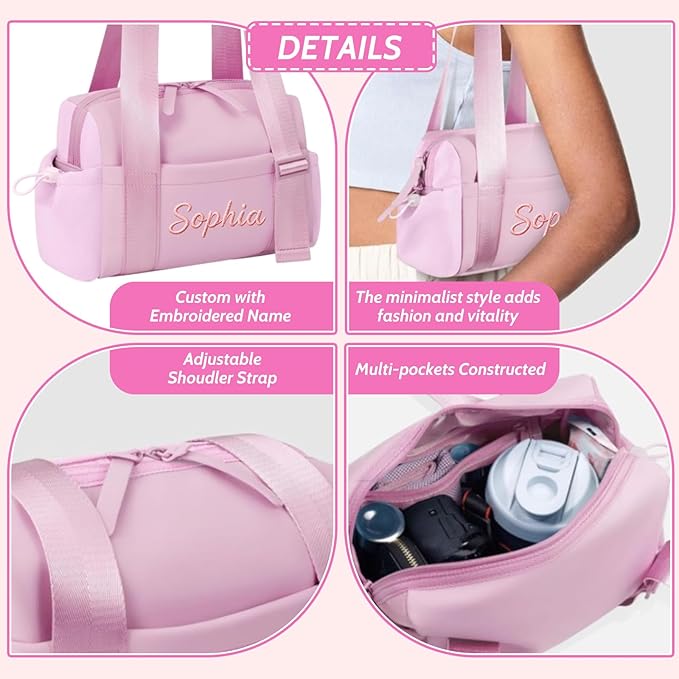 Personalized Mini Gym Bag for Women, Custom Embroidered Name Yoga Tote, Waterproof PU Fitness Duffle with Wet Compartment (pink duffle bag)