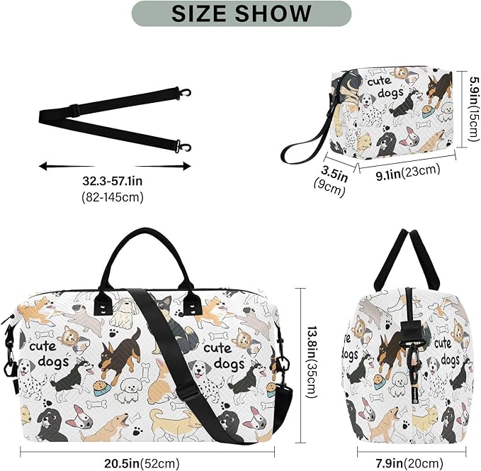 Cute Dogs Quilted Travel Bags Weekender Duffle Bags With Toiletry Bag Carry on Overnight Duffels Yoga Gym Bag for Airplanes Business Sports