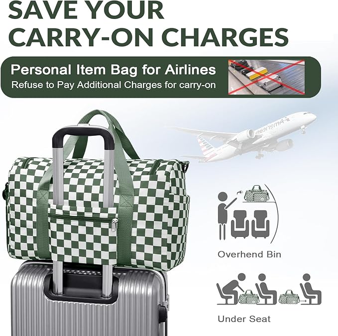 WOOMADA Foldable Travel Duffel Bag for Women, Weekender Bags with Shoes Compartment,Overnight Bag with Wet Pocket & Trolley Sleeve(green checkerboard)