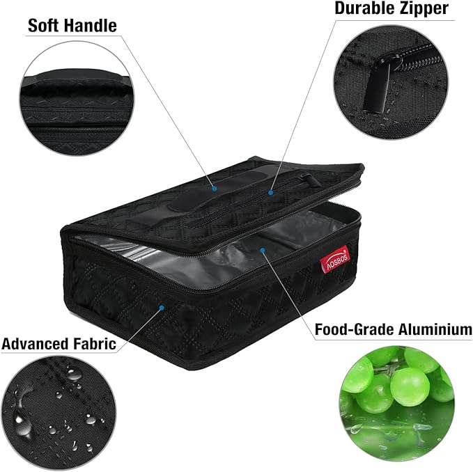 Aosbos Small Insulated Lunch Bag - Compact Lunch Box for Portion Control, Work & Office, Black Quilted