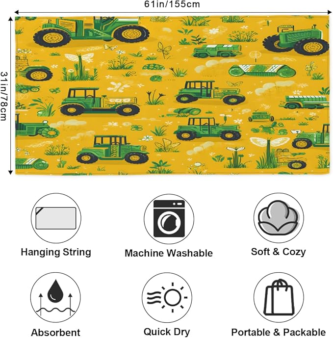 Grass Tractor Butterfly Clover Beach Towel, Large Microfiber Quick Dry Lightweight Pool Bath Towels Sand Free Beach Blanket for Summer Cruise Yoga Camping Travel Vacation Essentials 31 x 61 In