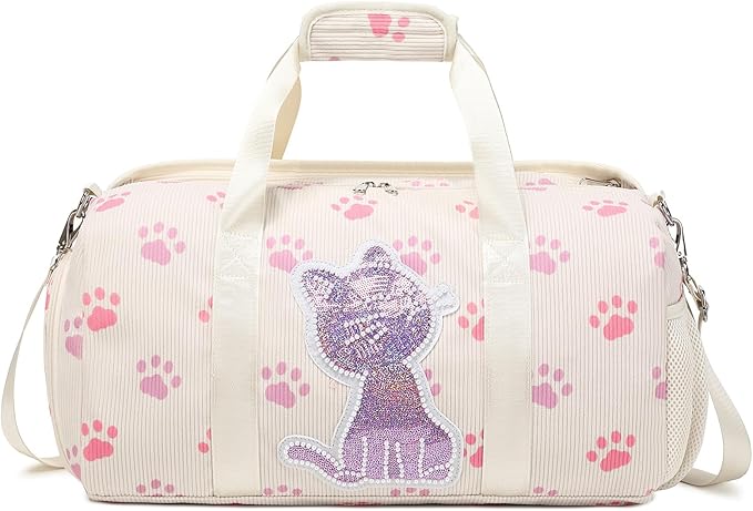 Dance Bag for Girls Sports Duffle Gym Ballet Weekender Overnight Bags with Separate Dry Wet Pocket and Shoes Compartment for Teen Girls Corduroy Sequined Cat（Cat Beige）