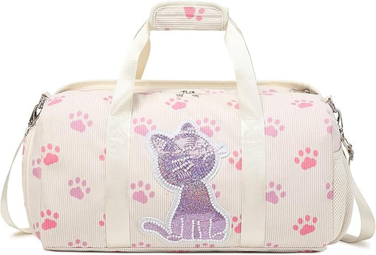 Dance Bag for Girls Sports Duffle Gym Ballet Weekender Overnight Bags with Separate Dry Wet Pocket and Shoes Compartment for Teen Girls Corduroy Sequined Cat（Cat Beige）