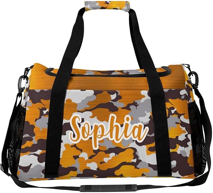 Waterproof Gym Bags Custom Orange Yellow Brown Camouflage Camo Duffel Bag with Name Adjustable Shoulder Strap Travel Bag for Teens Training Bag
