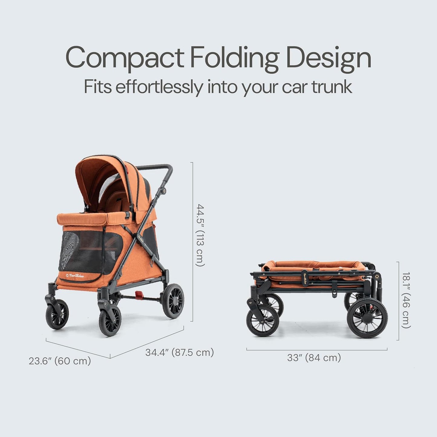 Familidoo Q1 Multi-Use Kids Wagon Stroller – Foldable, Lightweight & All-Terrain for Kids & Pets – 5-Point Safety Harness, Rain Cover & Compact Travel Design – Supports Up to 132 lbs (Burnt Orange)
