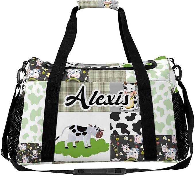 Green Lattice Patchwork Cow Print Waterproof Duffel Bag Adjustable Shoulder Strap Perform Training Travel Bag for Teens Adults Women Men Tote Bag