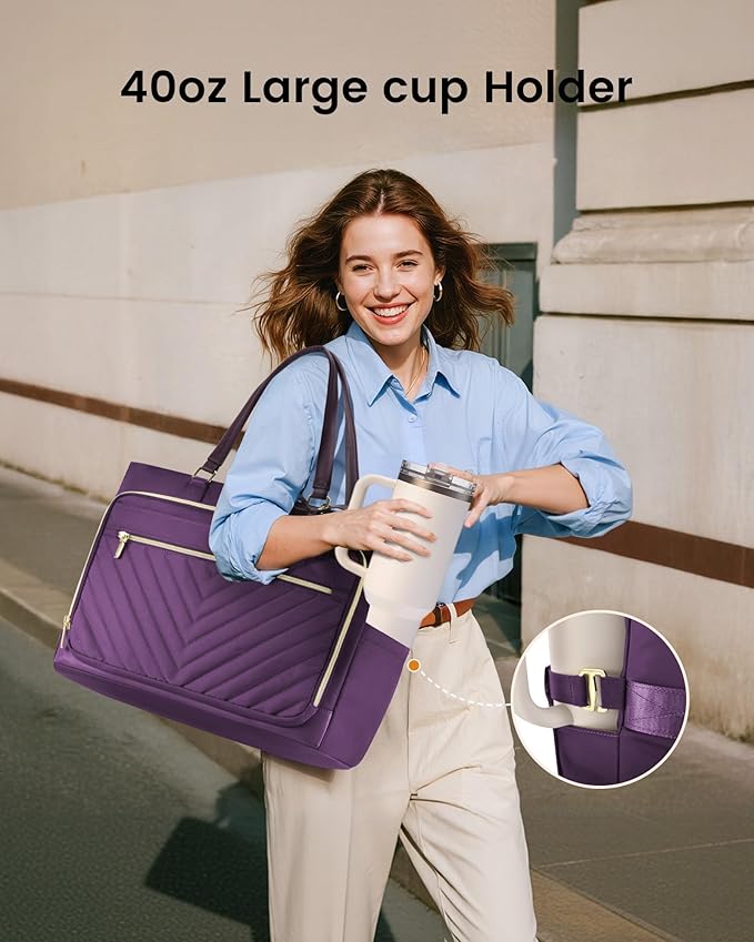 LOVEVOOK 17 Inch Laptop Tote Bag for Women, Work Bag for Teacher with Large Cup Holder,Quilted Nurse Diaper Bag for Travel, Computer Women's handbags for Teacher gift, Purple