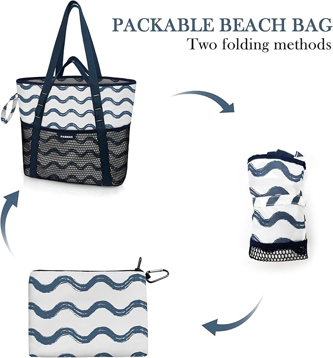 Large Beach Bag with Zipper-8 Pockets Sandproof Beach Tote Bag for Women,Foldable Lightweight Family Swim Bag Vacation