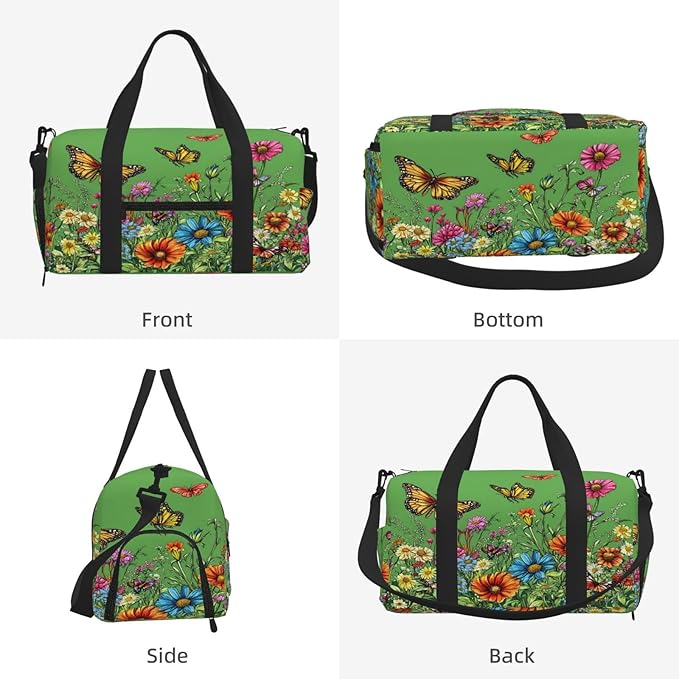 Sports Gym Bag Spring Wildflowers Butterfly Travel Duffel Bag With Shoe Compartment Shoulder Strap, Lightweight Water-Resistant Weekend Overnight Totes For Women Men
