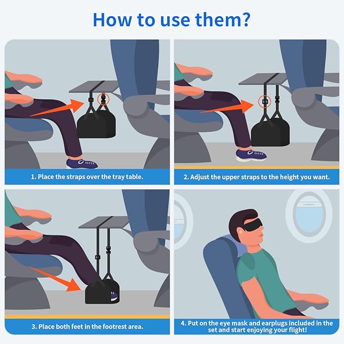 Airplane Foot Hammock, Foot Rest for Under Desk at Work, Length Adjustable Airplane Foot Rest, Travel Essentials with Eye Mask and Earplugs, Desk Foot Hammock to Relax Your Feet(3 Sets)