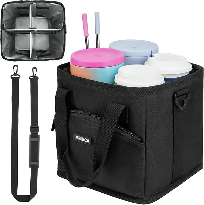 Reusable Drink Carrier with Handle – Insulated, Collapsible 4-Cup Beverage Bag with No-Spill Base, Adjustable Dividers & Shoulder Strap, Portable Caddy for Delivery, Car and Travel, Black