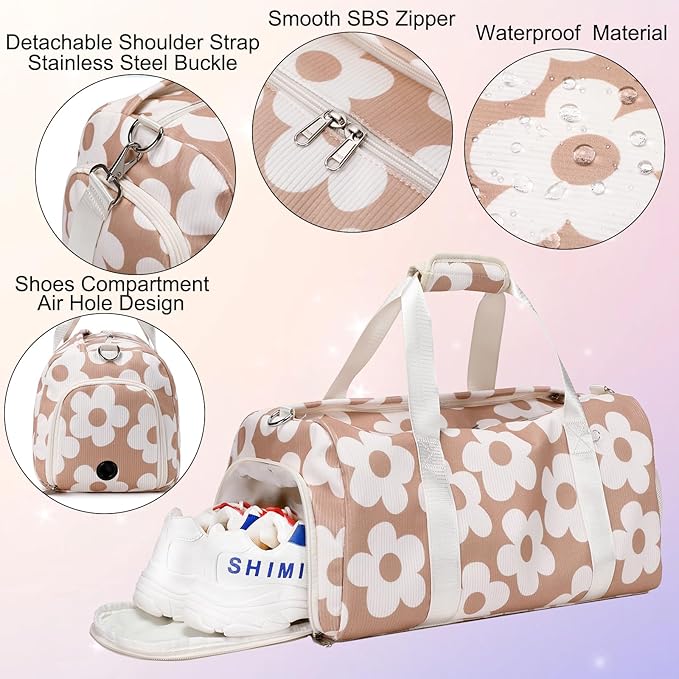 Dance Bag Duffle Bag Girls Kids Cute Gym Bag Corduroy Ballet Bag with Shoes Compartment & Wet Separation Waterproof Sports Overnight Travel Bag