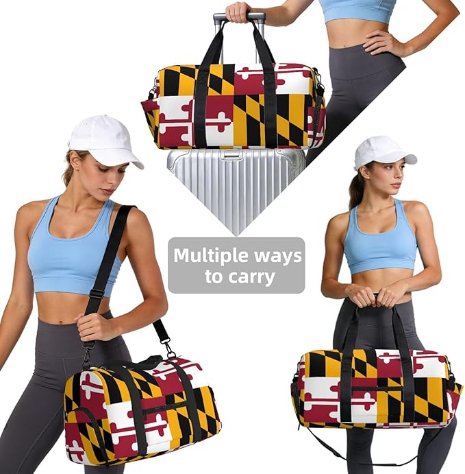 Maryland State Flag Print Gym Bag with Shoe Compartment for Women Men, 17.7in Sports Duffle Weekender Tote, Overnight Travel Duffel Bag Carry On
