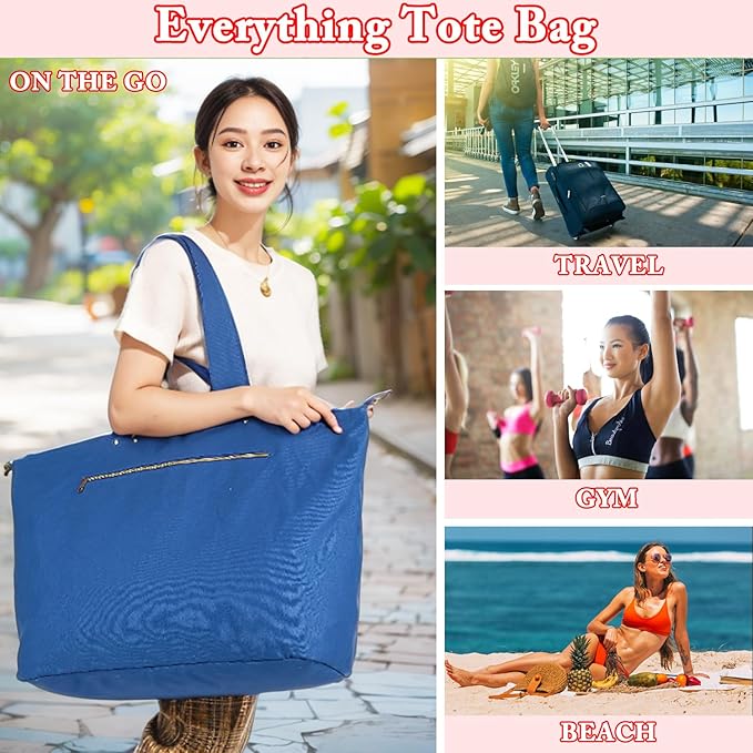 Large Canvas Beach Bag for Women, Beach Bags Waterproof Sandproof with Zipper & Wet Bag Cruise Essentials