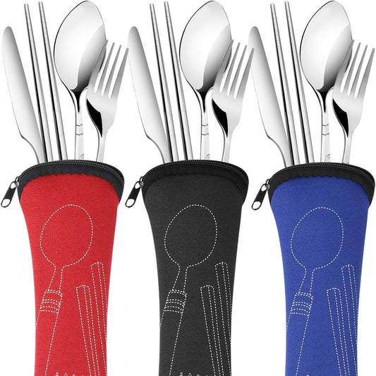 3 Pack Reusable Flatware Sets Knife, Fork, Spoon, Chopsticks, 12Pcs Portable Travel Stainless Steel Tableware Dinnerware with Carrying Case