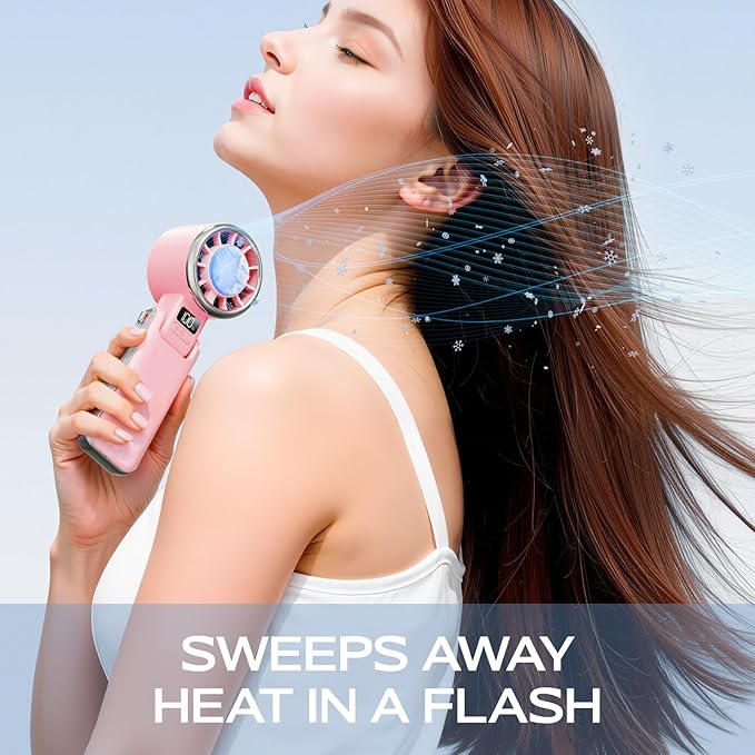 Portable Handheld Fan with Ice Cooling - 5 Gear High Speed Personal Turbo Fan Rechargeable, Up to 13 Hrs, Mini Hand Fans for Travel Essentials, Beach Vacation, Gifts for Women, Men (Pink)