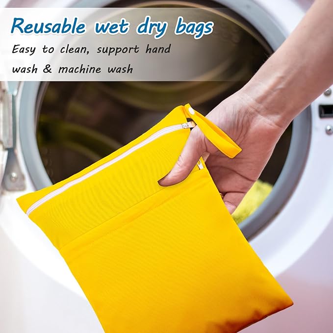 Shappy 4 Pcs Wet Dry Bag for Baby Cloth Diapers Waterproof Wet Bag Washable Travel Reusable with 2 Pocket for Swimsuits for Yoga Gym Travel Beach Pool(Sky Blue, Yellow, Green, Navy Blue)