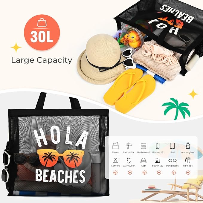 30L Large Beach Bag with Pouch Foldable Sandproof Lightweight Mesh Tote Bag with Two Pockets for Swimming Travel