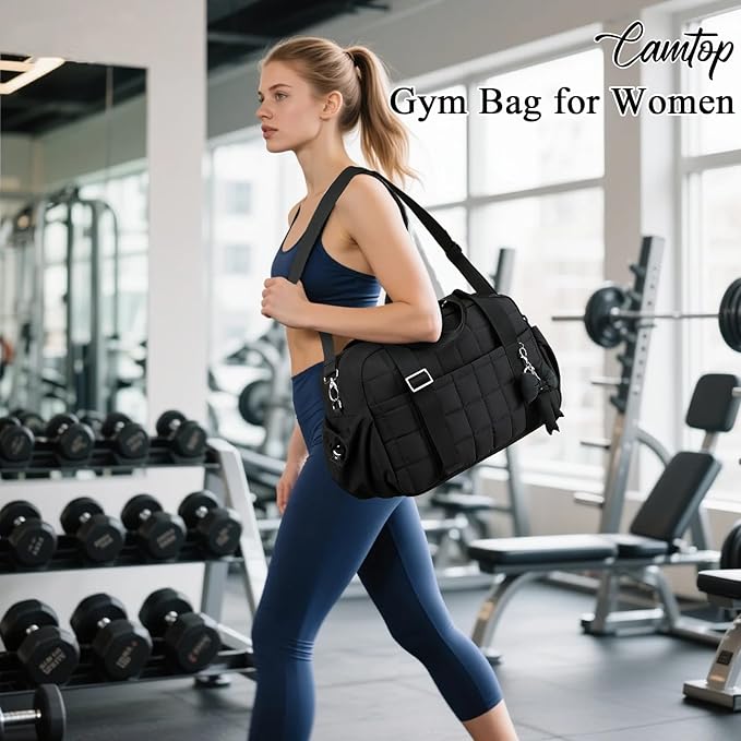 CAMTOP Mini Gym Bag for Women, Small Gym Tote Bag Puffy Quilted Sports Duffel Bag with Wet Compartment and Coin Purse Duffel Bags Dance Yoga Workout Bag for Gifts (Black, Medium-16")