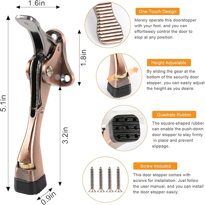 Kickdown Door Stopper 4 Inches - 2 Packs One Touch Adjustable Height Door Stop for The Bottom of Door Aluminum Alloy Metal Door Stopper with Rubber Tip & Wall Protectors for Wide Doors Bronze
