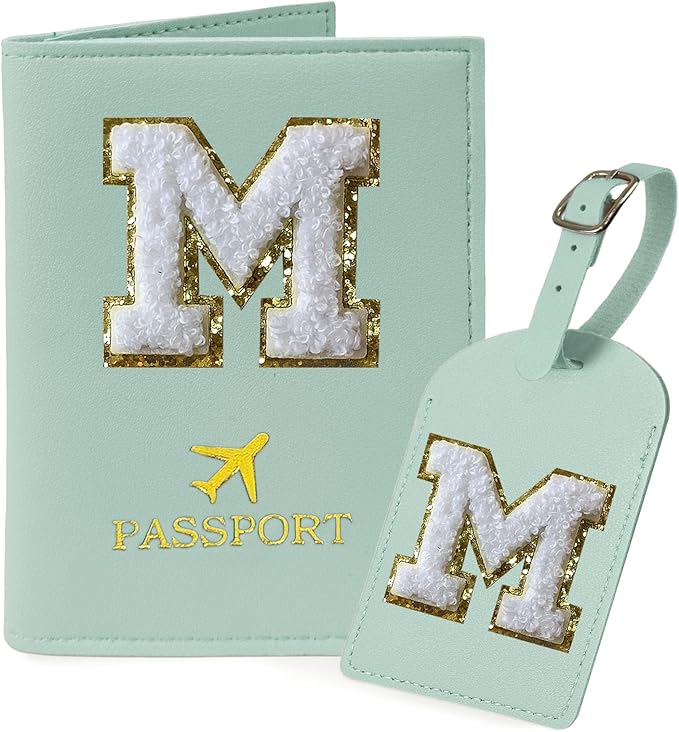 COSHAYSOO Green Initial Passport Cover Holder and Luggage Tag Set TSA Approved with Alphabet Chenille Letter Patch for Women Teenager Girls, PU Leather Traveling Bag Suitcase Identifier (M)