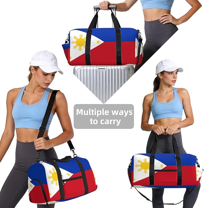 Philippine flag Print Gym Bag with Shoe Compartment for Women Men, 17.7in Sports Duffle Weekender Tote, Overnight Travel Duffel Bag Carry On