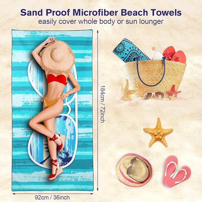 Tropical Blue Green Beach Towel 36"x72" Quick-Dry Sand-Free Palm Tree Pattern for Pool Camping