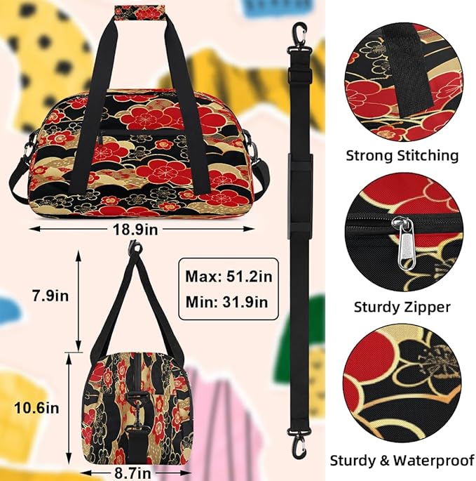 Sports Duffel Bags, Red And Black Japanese Cherry Blossoms Water-Resistant Gym Duffle Bag for Men Women, Lightweight Weekender Overnight Bag for Fitness, Workout, Travel