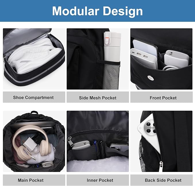 MOSISO Gym Bag for Women Men, Sports Drawstring Backpack with Shoes Compartmentt&Front Pocket, Travel Duffle Fitness Bag for Travel, Sports, Yoga, Black