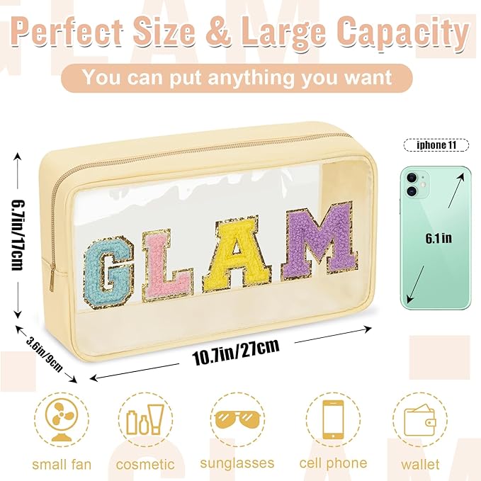 Chenille Letter Clear Makeup Bags Glam Pouch, Preppy Patch Makeup Bag with Zipper, Transparent PVC & Nylon Waterproof Portable Glitter Cosmetic Bag Travel Toiletry Storage for Women Girls(GLAM-Beige)