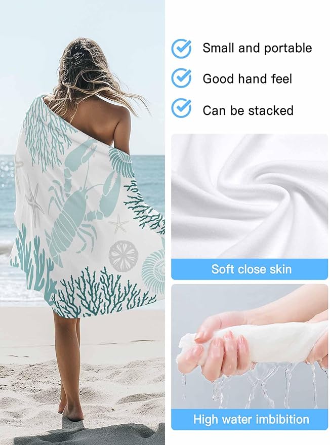 Ocean Microfiber Beach Towel, Teal Green Lobster Coral Starfish 31" x 63" Bath Towel Quick Dry Sand Free Travel Pool Towels for Beach Chair, Sun-Bath, Camping, Vacation