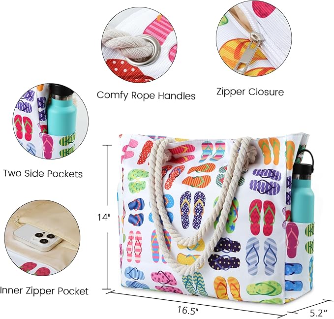 Clothirily Beach Bag for Women - Large Beach Tote Bag, Beach Bag Waterproof Sandproof, Swim Pool Beach Tote with Zippers
