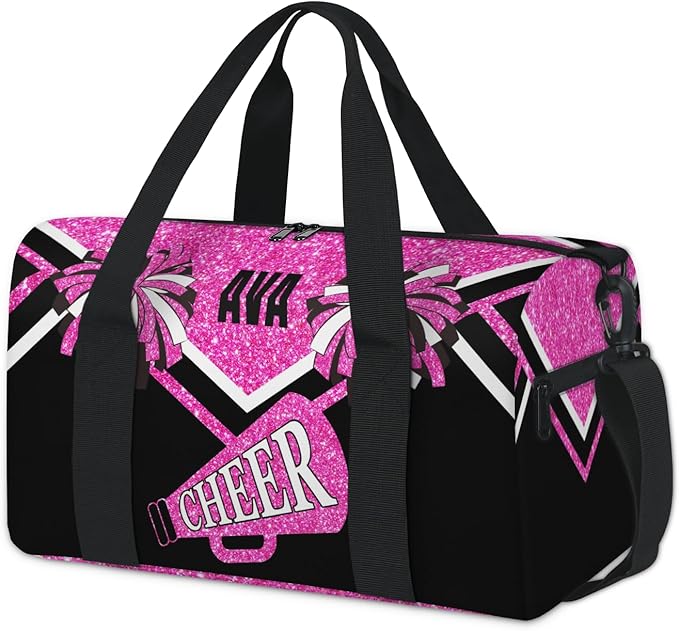 Personalized Cheerleading Sports Bag Names, Custom Name Cheer Fitness Duffle Gym Travel Weekender Lightweight Bags, Water Pink Shiny Glitters Black