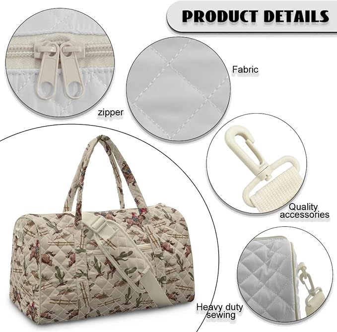 COEQINE Men Gym Bag for Travel Bag Quilted Duffel Bags for Men Mens, Large Packable Travel Bag with Western Horse Beige Printed