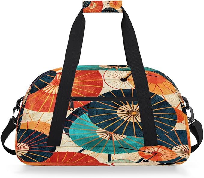 Duffle Bag for Women Men, Colorful Japanese Umbrella Print Gym Bag for Travel Sports, Lightweight Waterproof Weekender Overnight Bags with Adjustable Strap