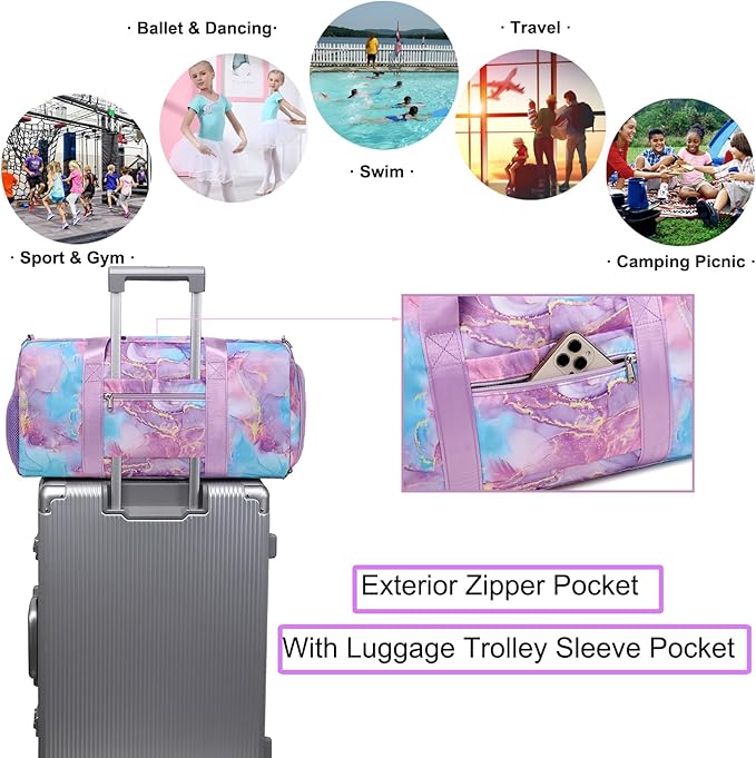 Gym Sports Duffle Bag Dance Ballet Bags with Separate Dry Wet Pocket and Shoes Compartment Weekender Overnight Travel Foldable Bag for Girls Teen Women(Purple)