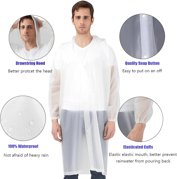 Rain Ponchos Raincoats for Adults, 2 Pcs Reusable Rain Jacket Coats with Hoods and Sleeves for Men Women (White)