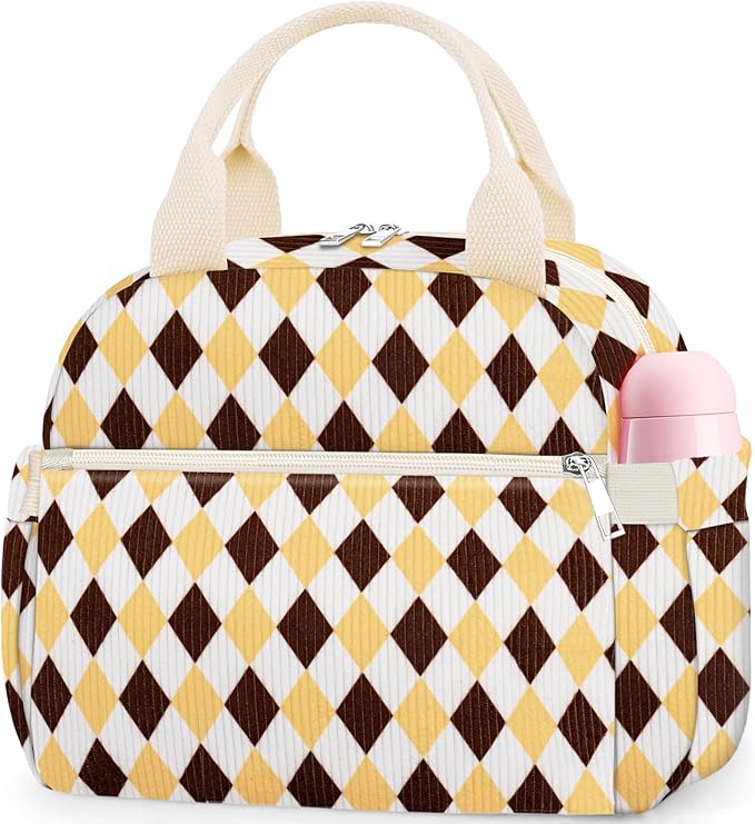 Lunch Box for Women, Cute Corduroy Grid Insulated Lunch Bag Women Reusable Work Leakproof Simple Adults Large Lunch Boxes Tote Bag Men Cooler Bag