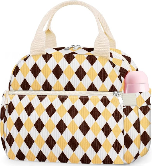 Lunch Box for Women, Cute Corduroy Grid Insulated Lunch Bag Women Reusable Work Leakproof Simple Adults Large Lunch Boxes Tote Bag Men Cooler Bag