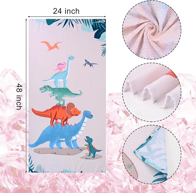 LIVILAN Small Dinosaur Beach Towel for Kids, 24”x48”, Microfiber, Quick Dry, Sand Free, Lightweight, Thin, Perfect for Girls, Boys, Bath, Swim, Shower, Unique Dinosaur Gifts and Decorations