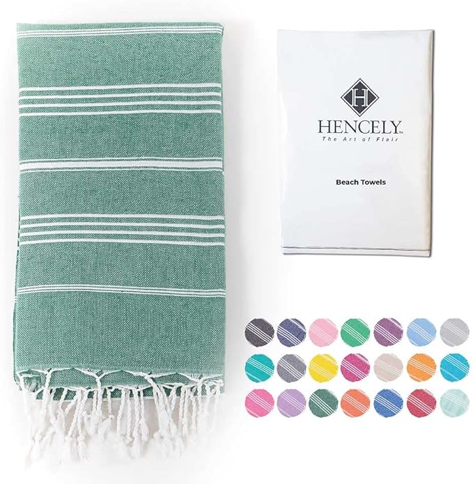 Hencely Turkish Beach Towel 37x68 Oversized, Sand-Free, Quick-Dry, Lightweight - Travel Essential for Pool & Bath - Striped 100% Cotton Bathroom Towels Accessories Gift (Petrol Green)