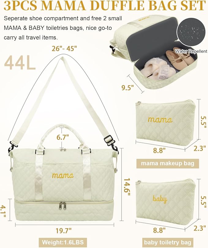 Mama Baby Pregnancy Hospital Bag Essentials for Women Labor Delivery Diaper Organizer with Shoe Compartment,2 Waterproof Toiletry Pouch Travel Duffle Bag for Mommy Weekender Overnight Gym Gifts,Beige