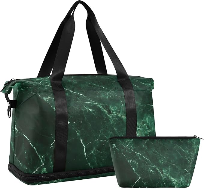 Travel Duffel Bags for Women Emerald Green Marble Print Sports Duffel Bags Gym Bags with Shoes Compartment Tote Bag Weekender Bag for Travelling