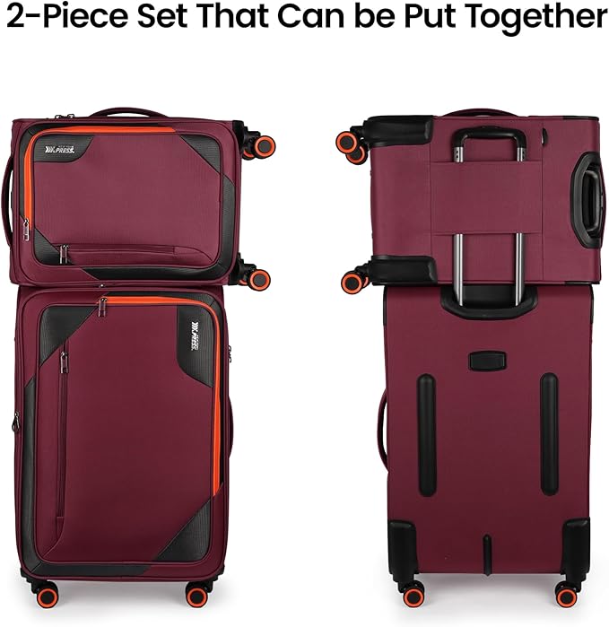 2-Piece Set (22in/28)Softside Expandable 20% Luggage w/Spinner Wheels,Front Opening Softside Luggage Sets w/TSA LOCK,Lightweight Durable Rolling Luggage for Men/Women（Burgundy,22in/28in）