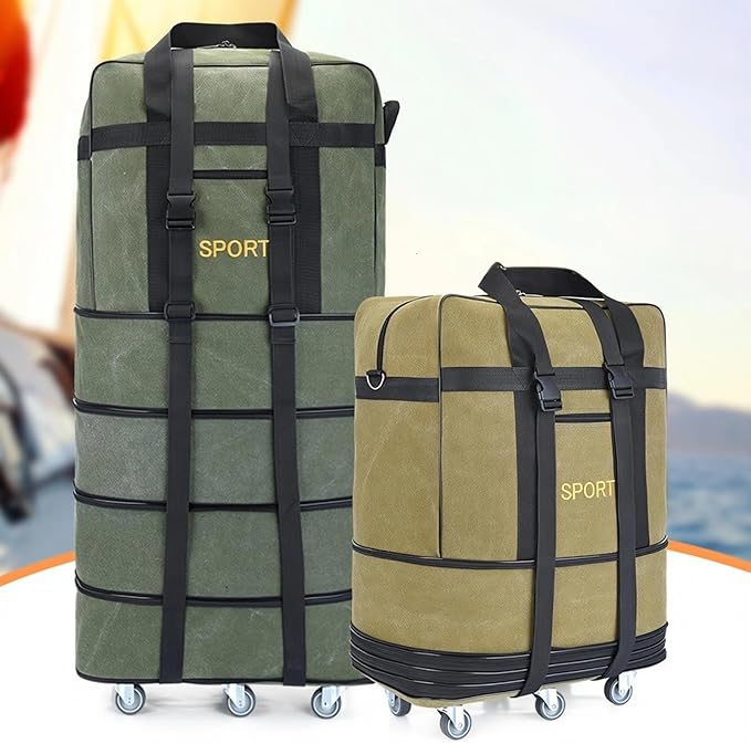 Expandable Extra Large Travel Oxford Duffel Bag with Wheels Waterproof Lightweight Traveling Foldable Suitcase (Green Canvas, XL - 6 wheels)