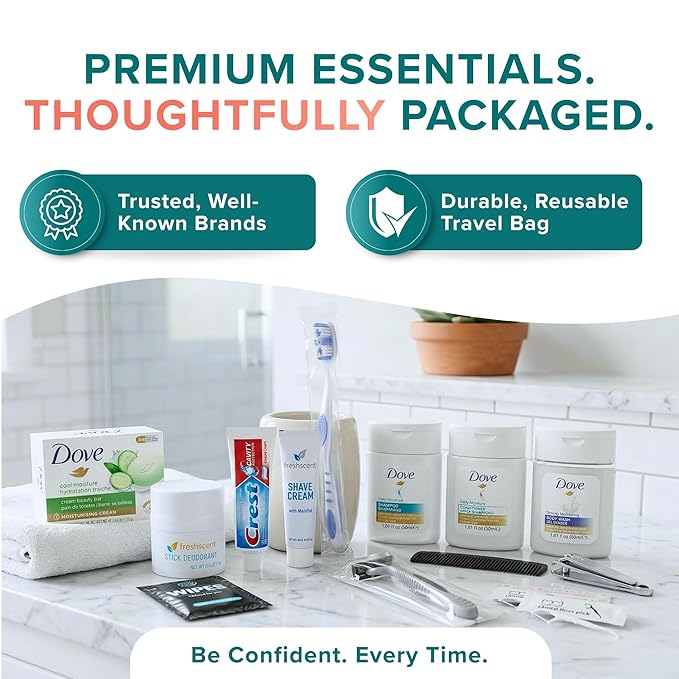 TrekTote 20 Piece Hygiene Kit Bulk, Travel Size Toiletries Set, Homeless Care Package Supplies, Mini Deodorant Shampoo Body Wash Toothbrush Toothpaste Razor Kit, TSA Approved, Clear Bag