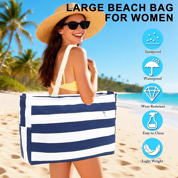 Large Canvas Beach Bag for Women, Beach Bags Waterproof Sandproof with Zipper & Wet Bag Cruise Essentials