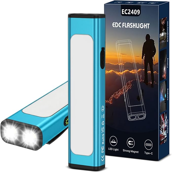 Pocket Flashlight, 1200 Lumens Rechargeable EDC Flashlight with Clip, USB-C Port, 3 Modes Waterproof Warning Light for Working, Camping, Repairing, Emergencies (Blue, 1PCS)