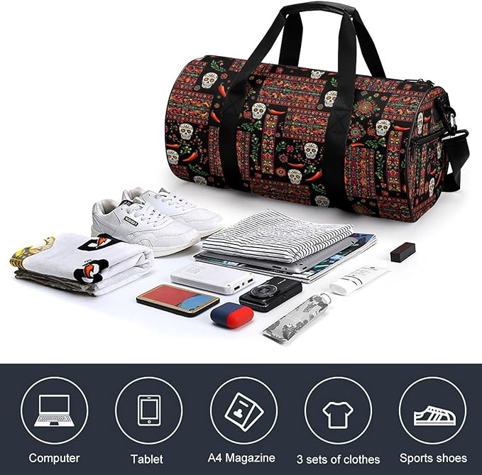 Weekender Carry on Beach Yoga Bag Sport Gym Fitness Tote Overnight Weekender Travel Bags for Men Women (Mexican Style Sugar Skull Traditional Paisley)